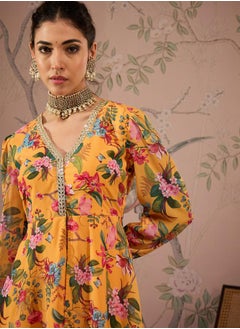 SASSAFRAS Floral Print N-Neck Peplum Top with Sharara Pants Set by Styli  - Image 4