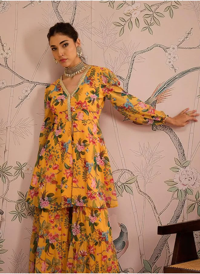 SASSAFRAS Floral Print N-Neck Peplum Top with Sharara Pants Set by Styli