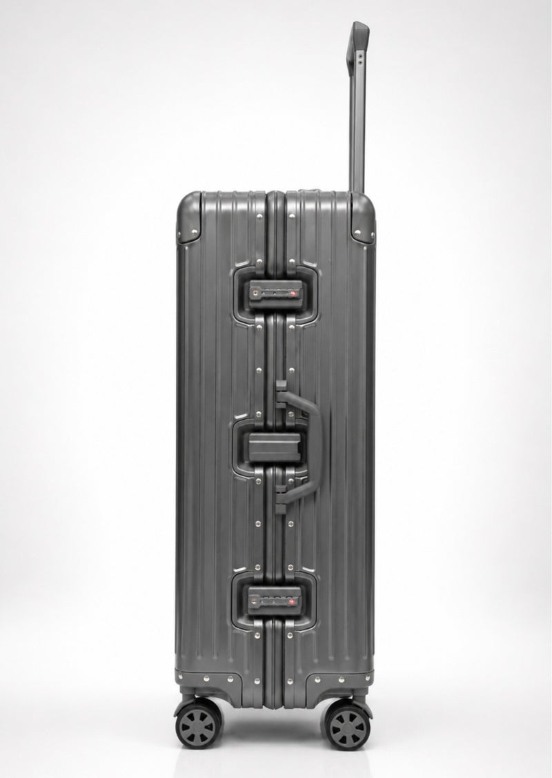 100% Genuine Full Aluminum Travel Suitcase featuring a premium aluminum shell, 360° dual spinner wheels, secure safety lock, telescopic handle, available in 20-inch and 28-inch sizes, offered in multiple colors, and includes a free silicone protective cover as a complimentary gift. - Image 4