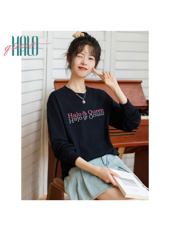 HALOQUEEN Halo Queen Long-sleeve T-shirt For Women, Pure Cotton, Spring And Autumn, Round Neck, Letter Print, High-end Casual Base Shirt, New Product H143t2016 - Image 3