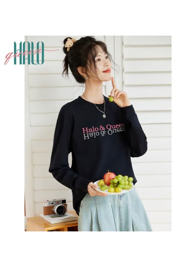 HALOQUEEN Halo Queen Long-sleeve T-shirt For Women, Pure Cotton, Spring And Autumn, Round Neck, Letter Print, High-end Casual Base Shirt, New Product H143t2016 - Image 1