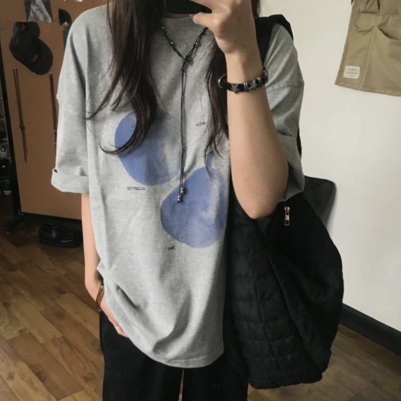 Chubby Girl Sweet Cool American Fruit Grey Plus Size Short-Sleeved T-Shirt Summer Loose Casual All-Match Round Neck Couple Top Ins - Image 1