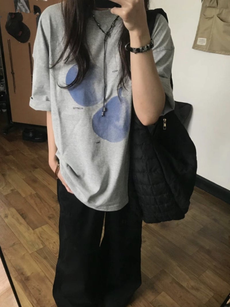 Chubby Girl Sweet Cool American Fruit Grey Plus Size Short-Sleeved T-Shirt Summer Loose Casual All-Match Round Neck Couple Top Ins - Image 5