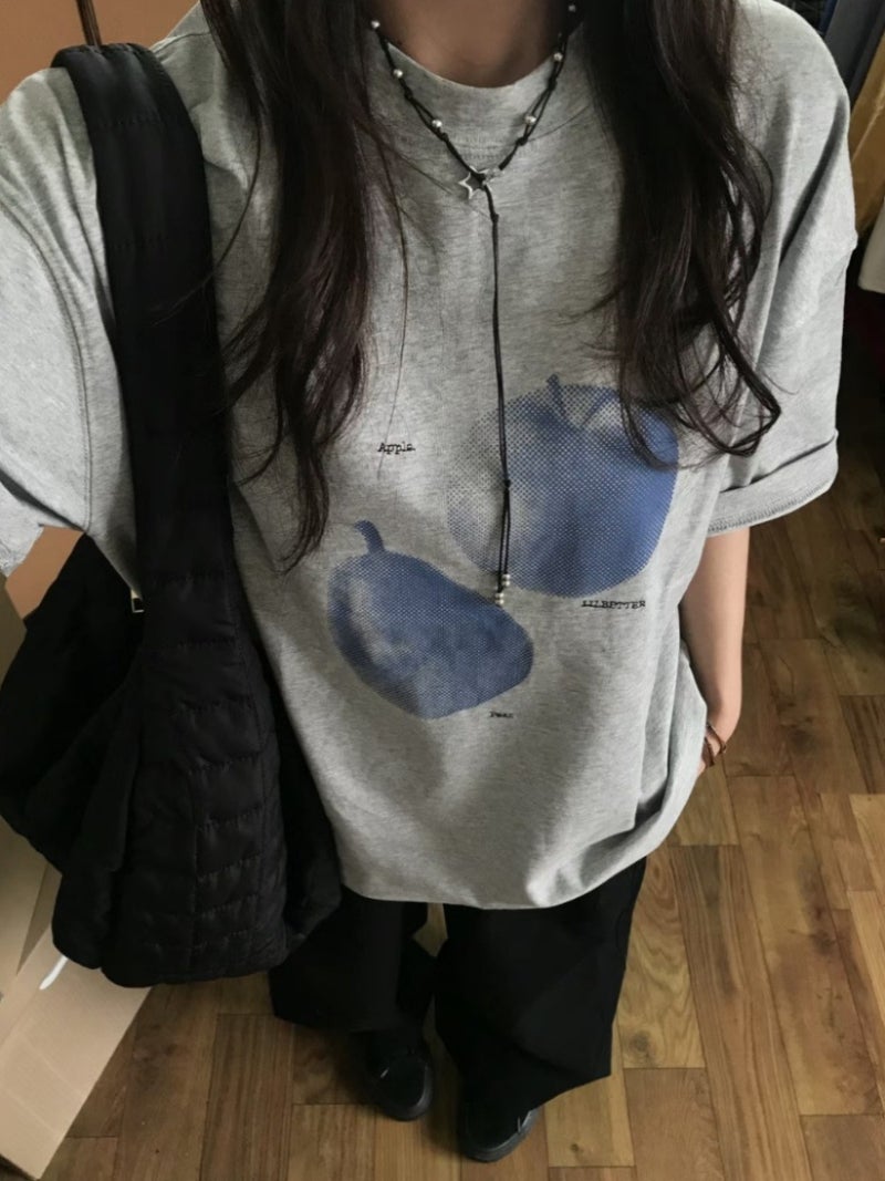 Chubby Girl Sweet Cool American Fruit Grey Plus Size Short-Sleeved T-Shirt Summer Loose Casual All-Match Round Neck Couple Top Ins - Image 3