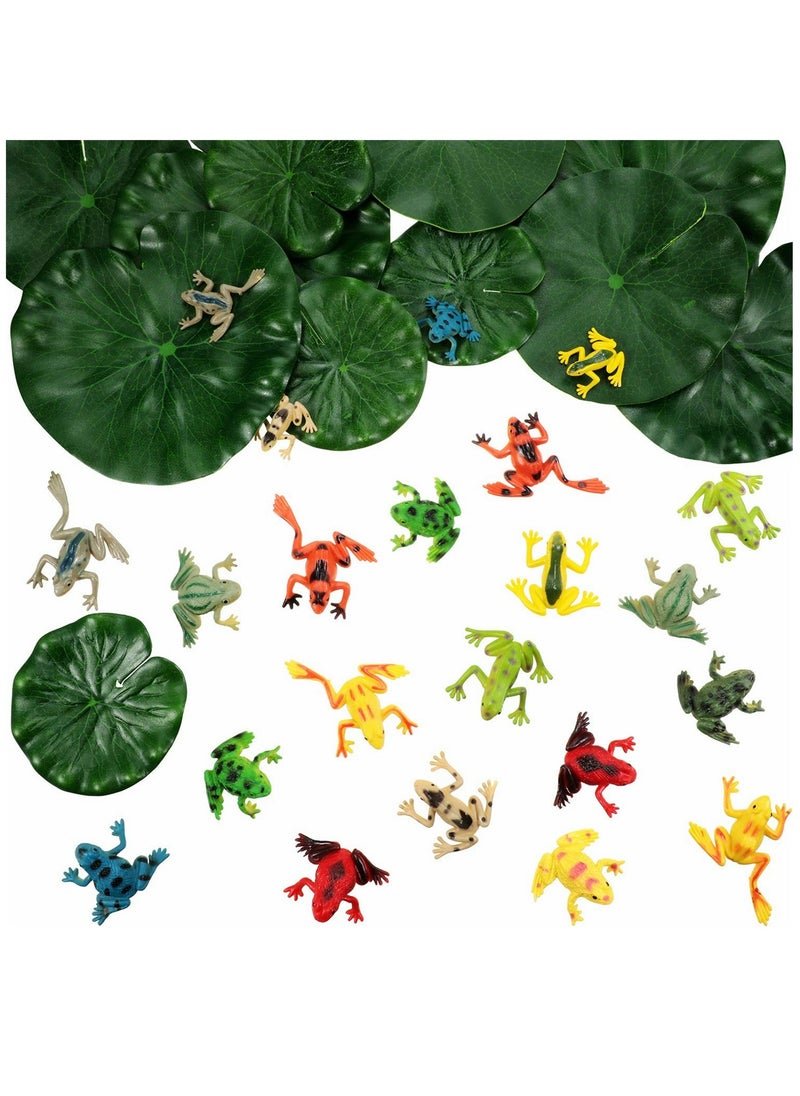 Excefore Plastic Frogs Set Includes 24 Pieces Tiny Plastic Frog and 12 Pieces Artificial Floating Lotus Leaves for Pond Pool Decoration Party Supplies  - Image 1