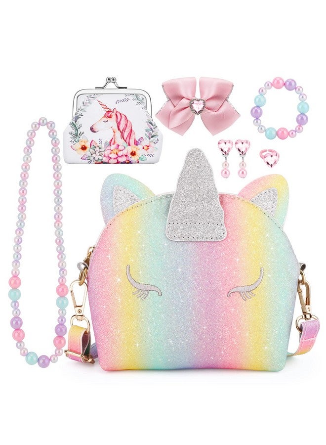 JYPS 7Pcs Unicorn Purse Set With Jewelry For Girls Birthday Gifts And Pretend Play Accessories - Image 1