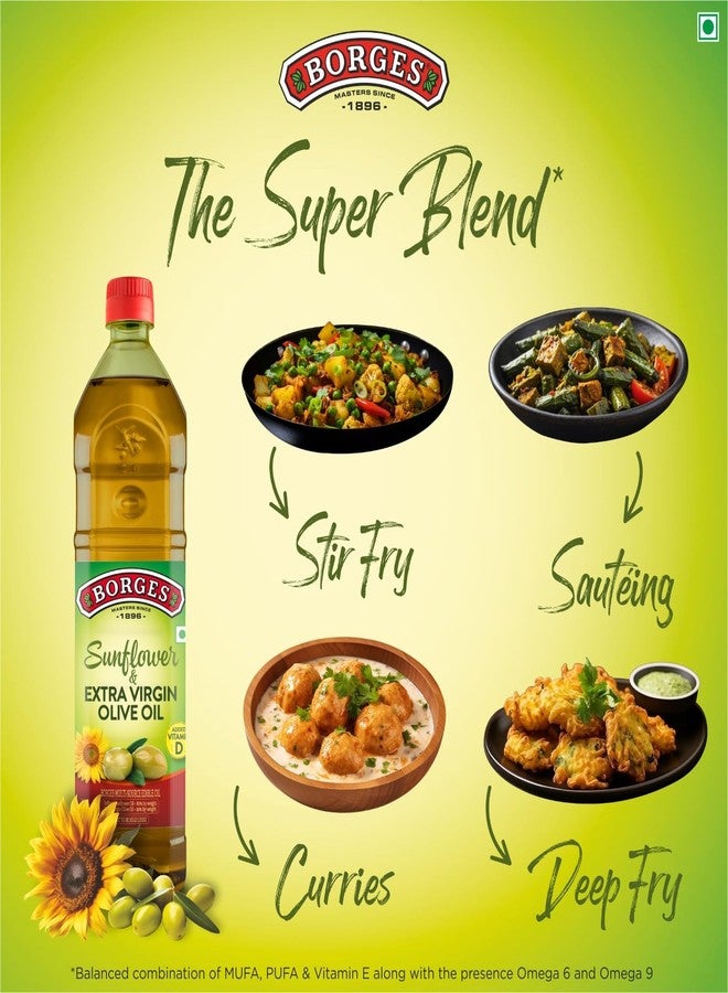 Borges Super blend of Extra virgin Olive oil & Sunflower oil - 1 ltr | Ideal for Deep frying, Shallow Frying, all types of cuisines - Image 5
