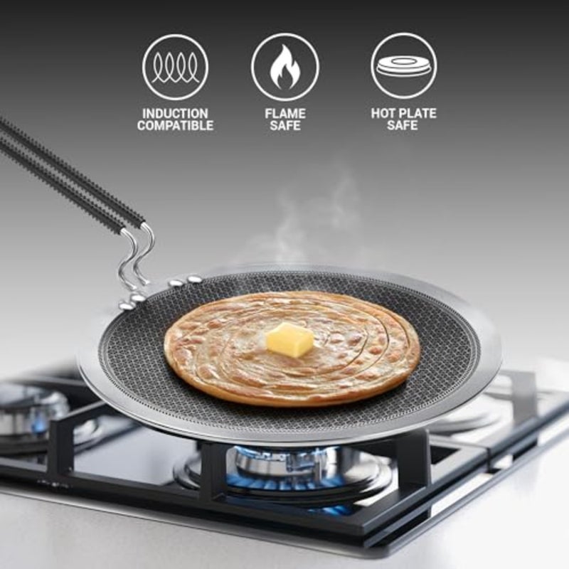 Triply Hexa Tech Induction Stainless Steel Concave Tawa, 26 cm, Silver, Honeycomb Non-Stick Structure, SturdyHandle, Food Grade, Flame and Hot Plate Safe, Metal Spoon Friendly - Image 2