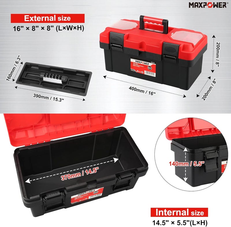 Max Power Tool Box 16 inch, Plastic Small Tool Box with Latch and Removable Tray, Lockable Toolbox for Home - Image 2