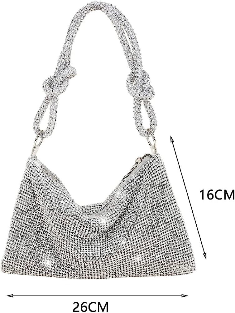 BLUE BEADS "Women's Rhinestone Crystal Evening Clutch Bag - Sparkling Glitter Handbag with Shiny Shoulder Strap - Elegant Tote for Special Occasions (Silver) - Image 5