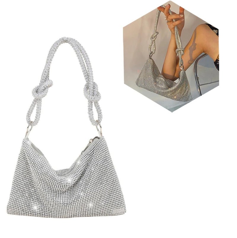 BLUE BEADS "Women's Rhinestone Crystal Evening Clutch Bag - Sparkling Glitter Handbag with Shiny Shoulder Strap - Elegant Tote for Special Occasions (Silver) - Image 2