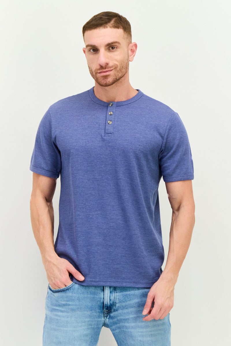 Swiss Alps Men Henley Neck Short Sleeve Textured T-Shirt, Slate Blue - Image 1