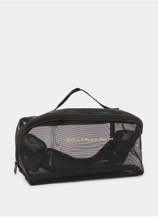 ستايلي Slogan Print Mesh Wash Bag with Zip Closure