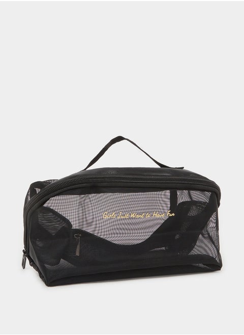 Slogan Print Mesh Wash Bag with Zip Closure