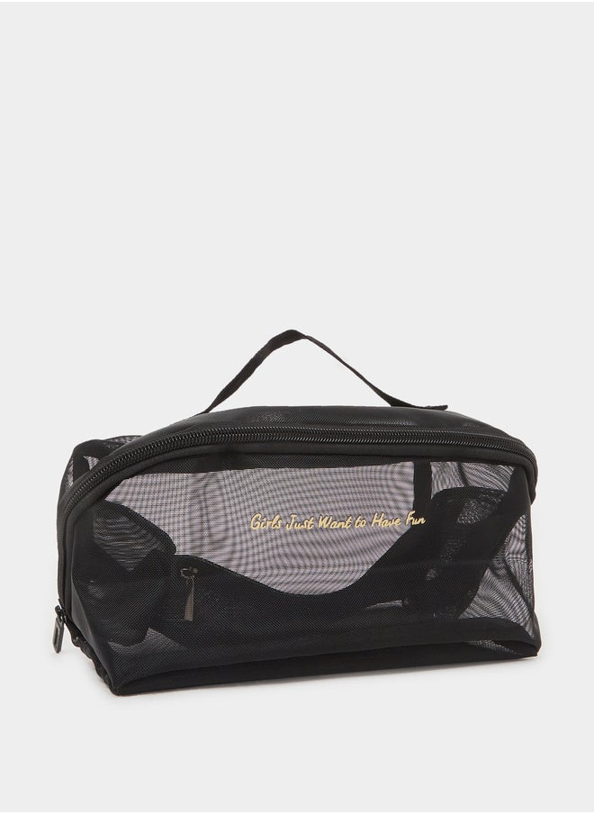 Styli Slogan Print Mesh Wash Bag with Zip Closure  - Image 1