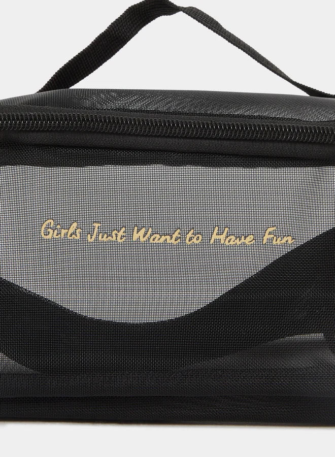 Styli Slogan Print Mesh Wash Bag with Zip Closure