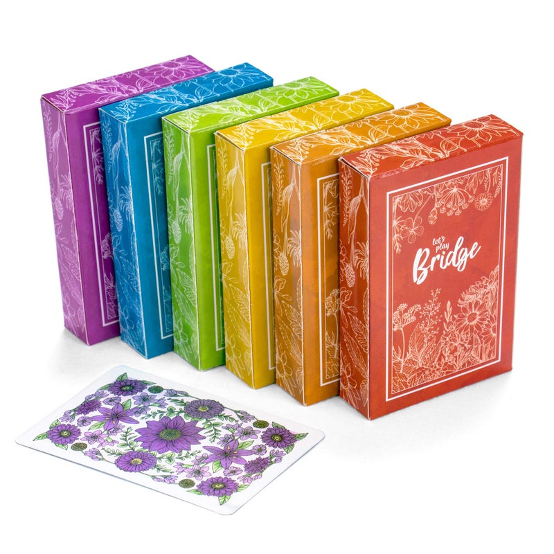 Brybelly Let's Play Bridge | 6 Decks of Colorful, Watercolor Inspired Floral Playing Cards | Special Low-Vision 4-Color Index! | Classic Family Game Includes 25 Scorecards - Image 2