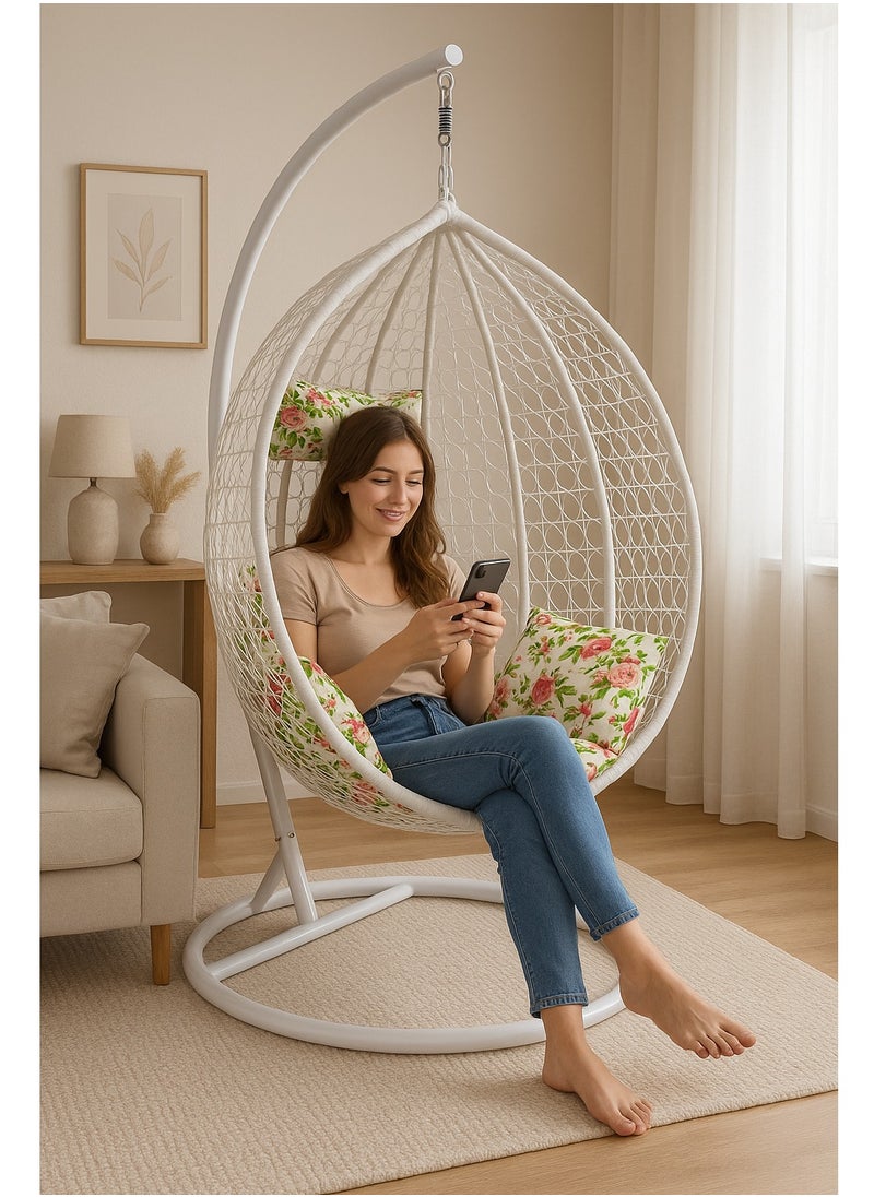 KARNAK Karnak Floral Hanging Egg Chair with Stand – Indoor Lounge Swing Chair with Cushions – White Frame with Floral Print  - Image 1
