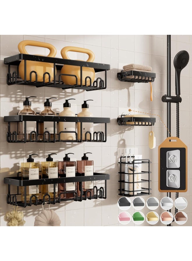 6-Pack Rustproof Shower Caddy Set - No-Drilling Adhesive Bathroom Shelves with Soap Holder & Hooks, Large Capacity Wall-Mounted Storage for Bathroom & Kitchen, Matte Black - Image 1