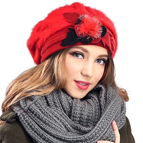 VECRY Women's 100% Wool Bucket Hat Felt Cloche Beret Dress Winter Beanie Hats (Angora-Red) - Image 3