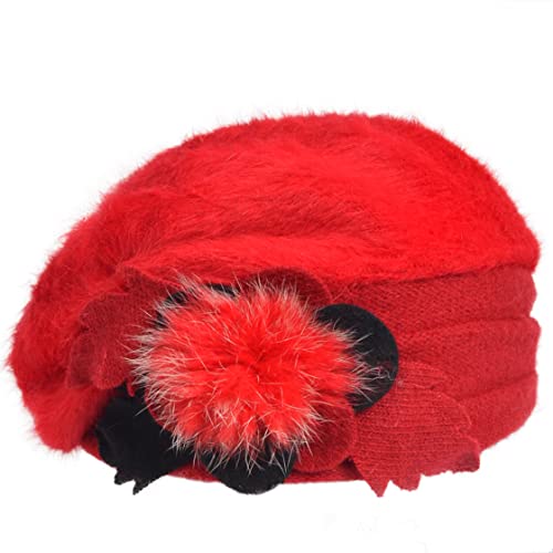 VECRY Women's 100% Wool Bucket Hat Felt Cloche Beret Dress Winter Beanie Hats (Angora-Red) - Image 2