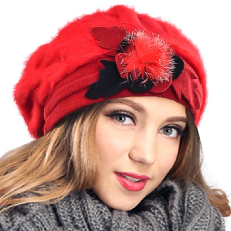 VECRY Women's 100% Wool Bucket Hat Felt Cloche Beret Dress Winter Beanie Hats (Angora-Red) - Image 4