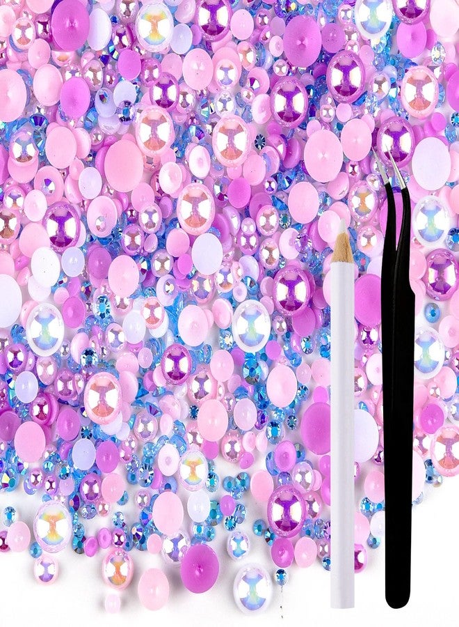 ASTARON 50g Mix Flatback Rhinestones Half Pearls for Crafts Mixed Size 3mm-10mm Flat Back Rhinestones for Crafts Flatback Pearls for Decorating Tumblers Mugs Nail Art Shoes (Pink Purple Series) - Image 1