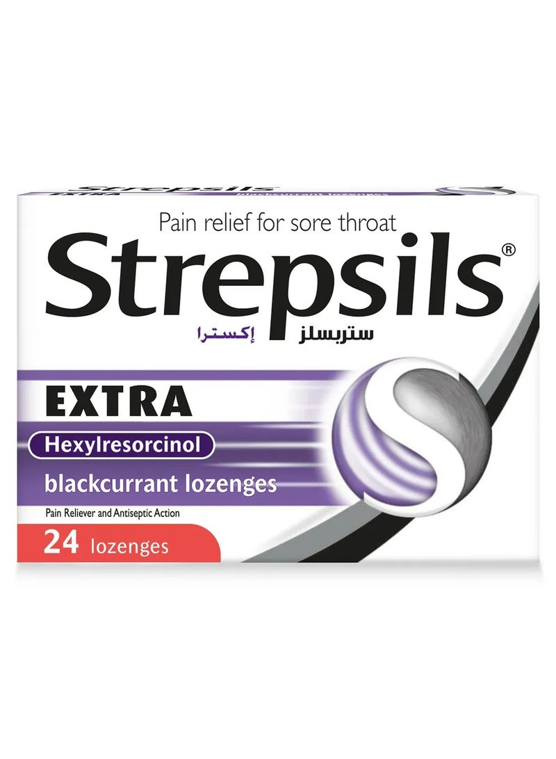 Strepsils Extra Blackcurrant Lozenges, Double Action, Effective Pain Relief For Sore Throats, Pack of 24's