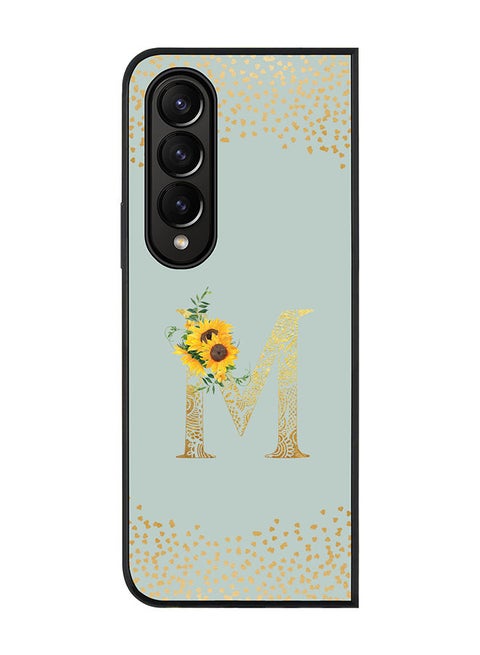 Rugged Black edge case for Samsung Galaxy Z Fold4 Slim fit Soft Case Flexible Rubber Edges Anti Drop TPU Gel Thin Cover - Custom Monogram Initial Letter Floral Pattern Alphabet - M (Light Grey )