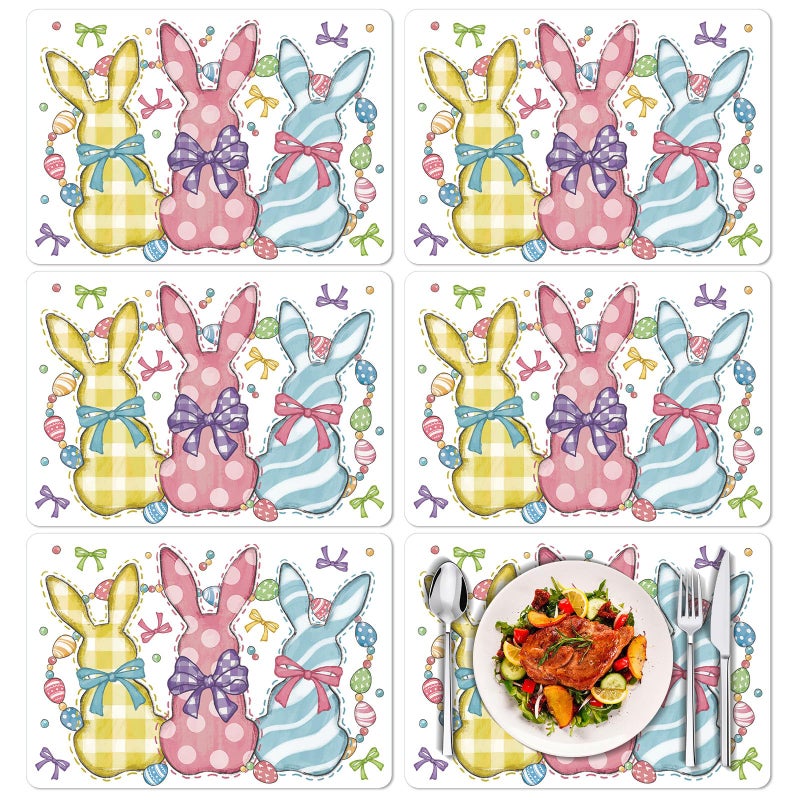 Tarklanda Spring Bunny Placemats Set of 6, 11 x 15.7 Inch Easter Rabbit Eggs Plastic Placemat Seasonal Holiday Wipeable Vinyl Table Mat for Kitchen Dining Birthday Party Decoration (Colorful Rabbit) - Image 1