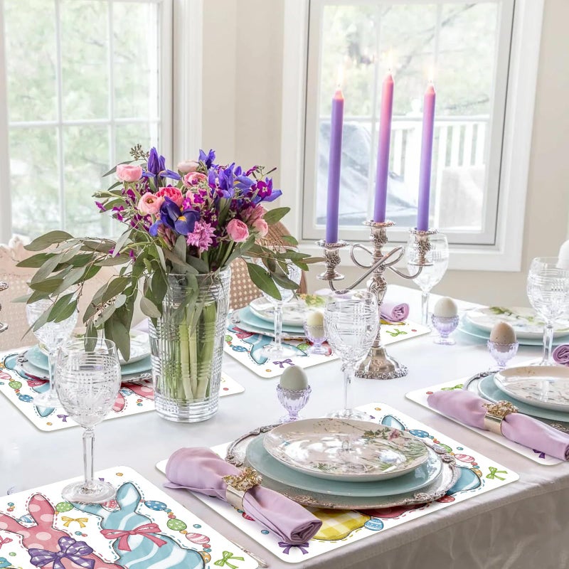 Tarklanda Spring Bunny Placemats Set of 6, 11 x 15.7 Inch Easter Rabbit Eggs Plastic Placemat Seasonal Holiday Wipeable Vinyl Table Mat for Kitchen Dining Birthday Party Decoration (Colorful Rabbit) - Image 5