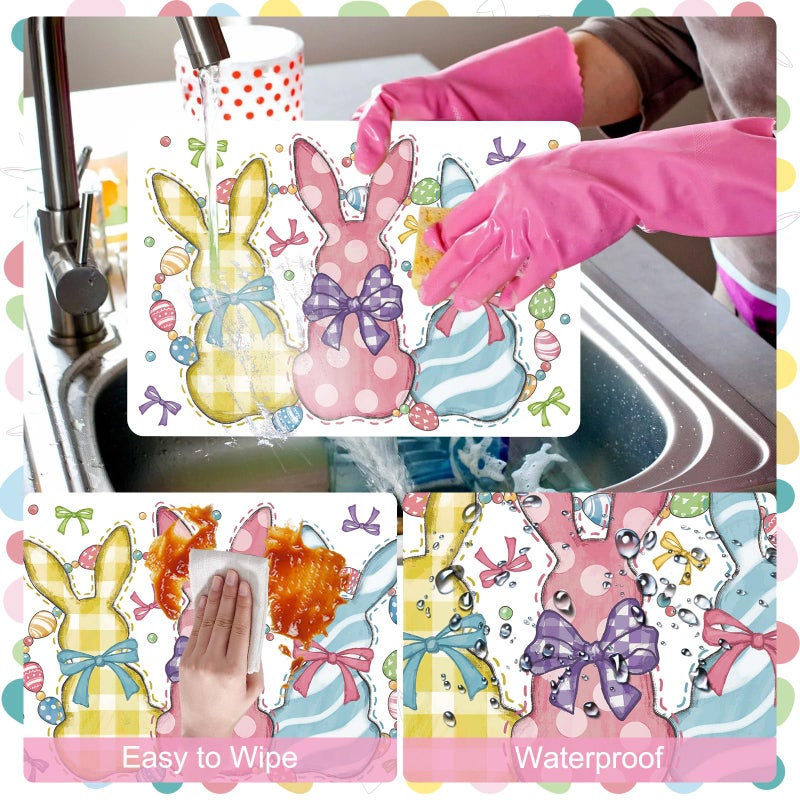 Tarklanda Spring Bunny Placemats Set of 6, 11 x 15.7 Inch Easter Rabbit Eggs Plastic Placemat Seasonal Holiday Wipeable Vinyl Table Mat for Kitchen Dining Birthday Party Decoration (Colorful Rabbit) - Image 3