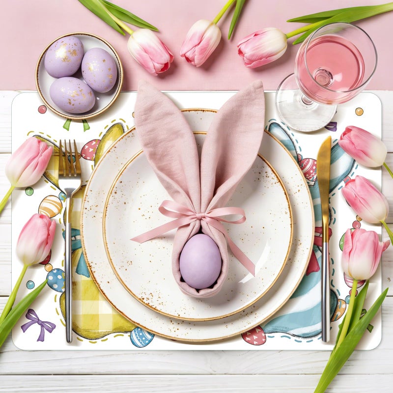 Tarklanda Spring Bunny Placemats Set of 6, 11 x 15.7 Inch Easter Rabbit Eggs Plastic Placemat Seasonal Holiday Wipeable Vinyl Table Mat for Kitchen Dining Birthday Party Decoration (Colorful Rabbit) - Image 2