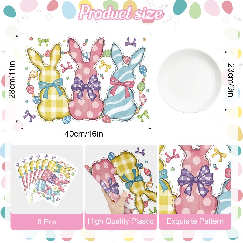 Tarklanda Spring Bunny Placemats Set of 6, 11 x 15.7 Inch Easter Rabbit Eggs Plastic Placemat Seasonal Holiday Wipeable Vinyl Table Mat for Kitchen Dining Birthday Party Decoration (Colorful Rabbit) - Image 4