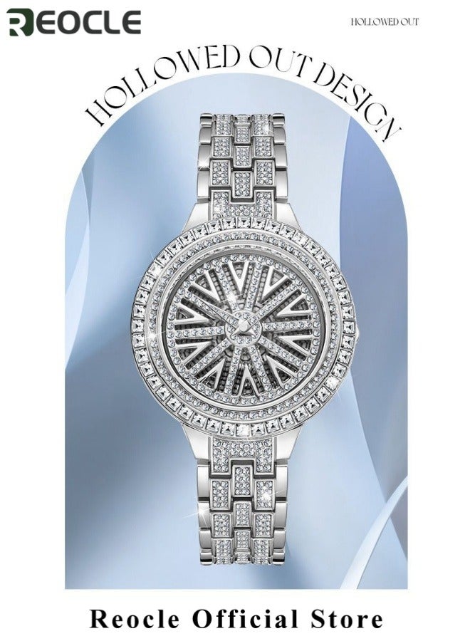REOCLE Women's Luxury Diamond Watch Alloy Rhinestone Quartz Watch Stylish Bling Watch Stainless Steel Strap Diamond Dial Fashion Wrist Watches  - Image 2