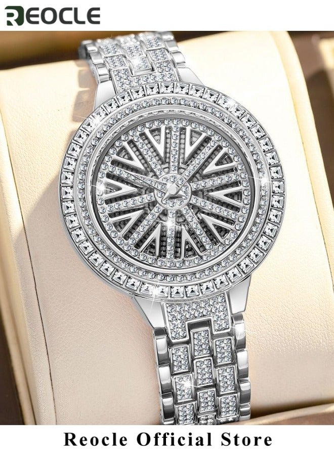 REOCLE Women's Luxury Diamond Watch Alloy Rhinestone Quartz Watch Stylish Bling Watch Stainless Steel Strap Diamond Dial Fashion Wrist Watches  - Image 3
