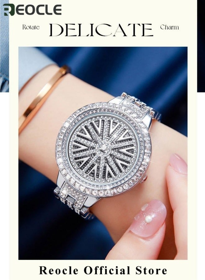 REOCLE Women's Luxury Diamond Watch Alloy Rhinestone Quartz Watch Stylish Bling Watch Stainless Steel Strap Diamond Dial Fashion Wrist Watches  - Image 4
