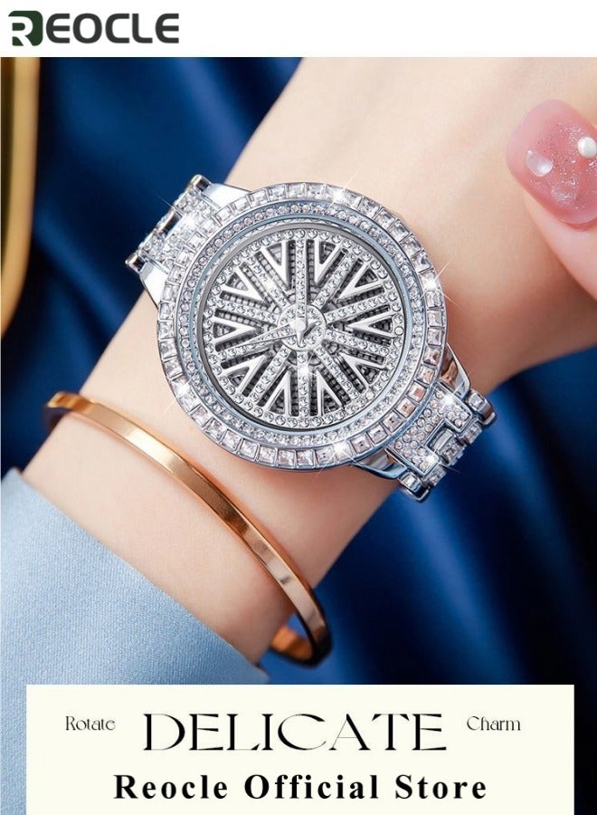 REOCLE Women's Luxury Diamond Watch Alloy Rhinestone Quartz Watch Stylish Bling Watch Stainless Steel Strap Diamond Dial Fashion Wrist Watches  - Image 5