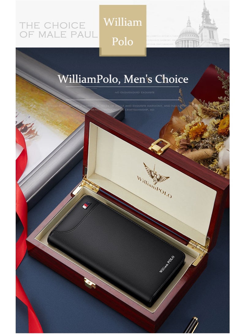 ويليامبولو WilliamPolo محفظة طويلة حقيبة الجلد الأصلي محفظة الرجال سحاب الجلد كليب الأعمال متعددة الوظائف حقيبة اليد - Image 3