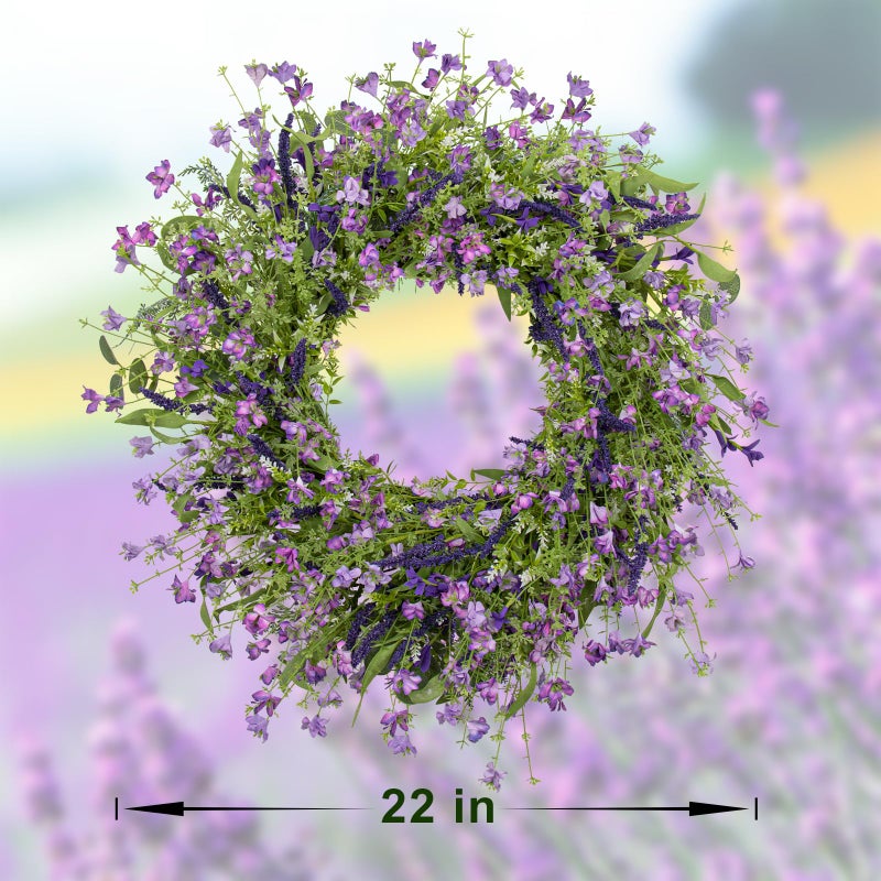 LLZLL Purple Spring Wreaths for Front Door 22 Inch Summer Wreath Artificial Violet Lavender Wreath with Eucalyptus Leaf for Spring Easter Home Decorations - Image 4