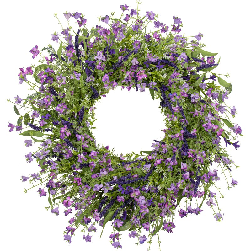LLZLL Purple Spring Wreaths for Front Door 22 Inch Summer Wreath Artificial Violet Lavender Wreath with Eucalyptus Leaf for Spring Easter Home Decorations - Image 1