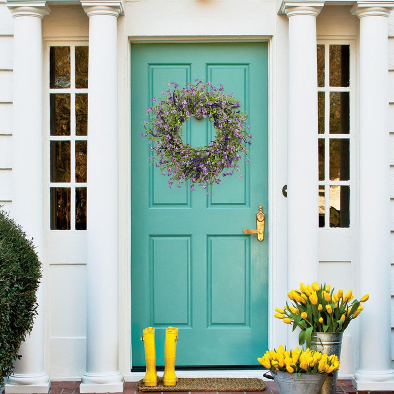 LLZLL Purple Spring Wreaths for Front Door 22 Inch Summer Wreath Artificial Violet Lavender Wreath with Eucalyptus Leaf for Spring Easter Home Decorations - Image 3
