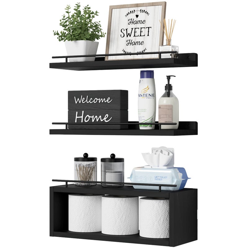 WOPITUES Floating Shelves for Wall with Cube Shelf, Wall Shelves with Metal Rail for Bathroom Decor, Bathroom Organizers and Storage, Over Toilet Shelves for Toilet Paper-Black - Image 1