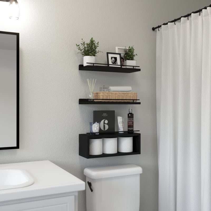 WOPITUES Floating Shelves for Wall with Cube Shelf, Wall Shelves with Metal Rail for Bathroom Decor, Bathroom Organizers and Storage, Over Toilet Shelves for Toilet Paper-Black - Image 2