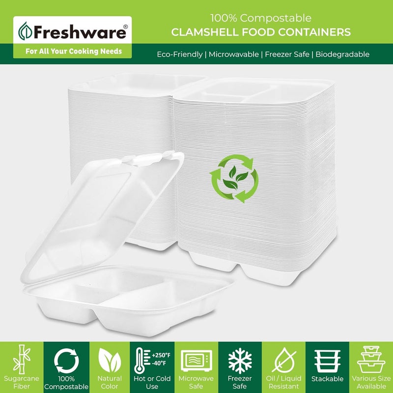 Freshware حاويات فريش وير على شكل صدف 8 × 8 بوصة 3 أقسام 50 عبوة بيضاء - Image 2