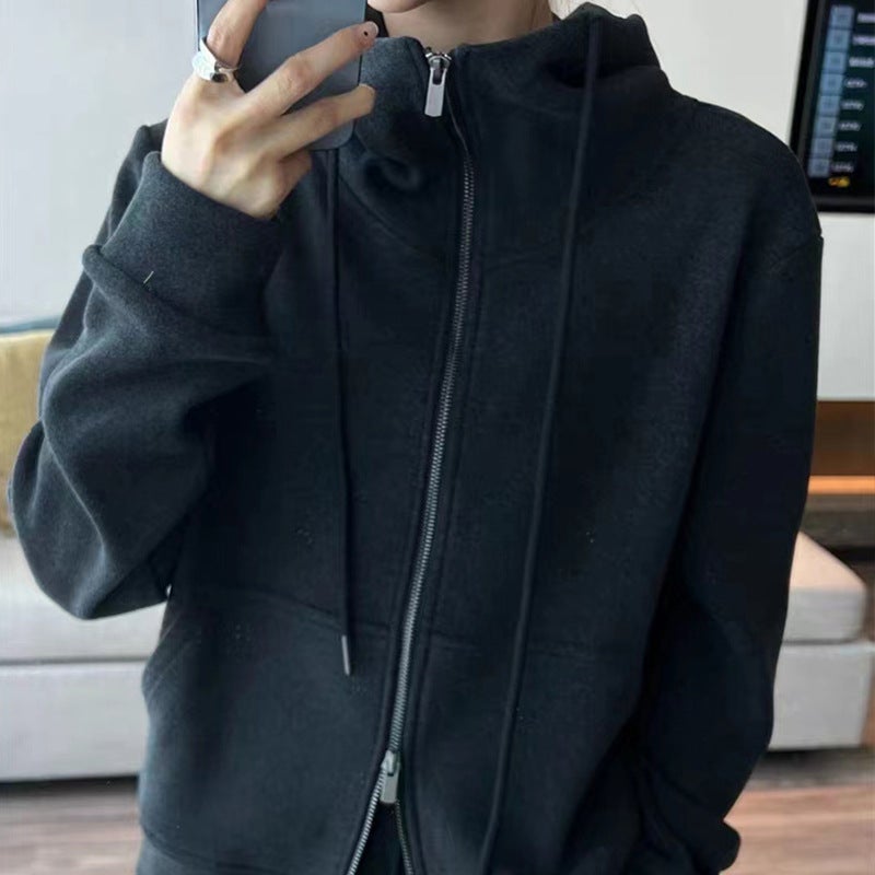 Casual Sports suit Womens 2024 New Spring Lazy Style Loose Hooded Grey Sweatshirt Wide-leg Pants Two-piece Set Black