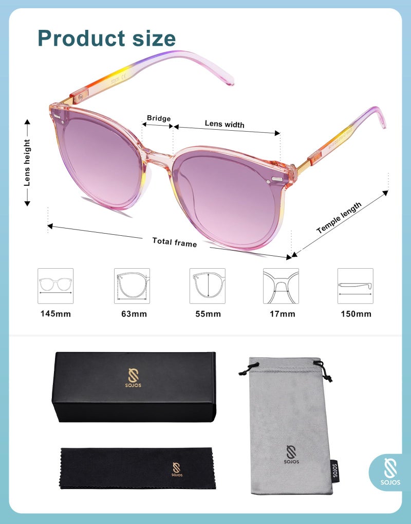 SOJOS Classic Round Sunglasses for Women Men Retro Vintage Large Plastic Frame BLOSSOM SJ2067 with Rainbow Frame/Gradient Purple Top and Pink Bottom Lens - Image 5