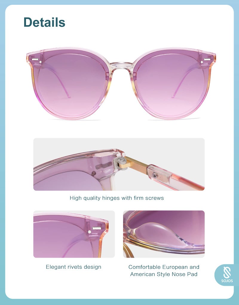 SOJOS Classic Round Sunglasses for Women Men Retro Vintage Large Plastic Frame BLOSSOM SJ2067 with Rainbow Frame/Gradient Purple Top and Pink Bottom Lens - Image 4