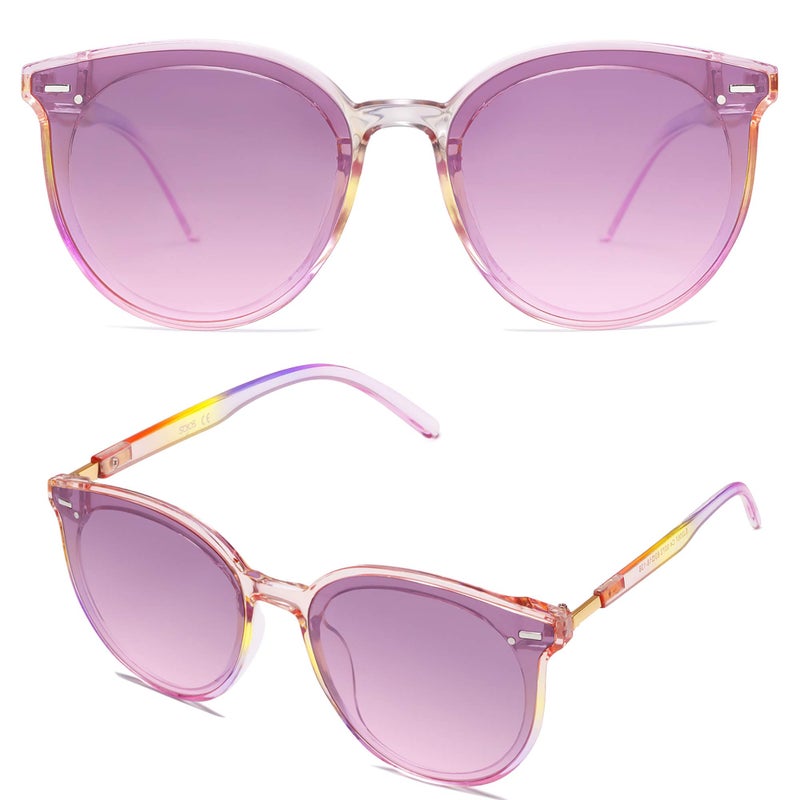 SOJOS Classic Round Sunglasses for Women Men Retro Vintage Large Plastic Frame BLOSSOM SJ2067 with Rainbow Frame/Gradient Purple Top and Pink Bottom Lens - Image 3