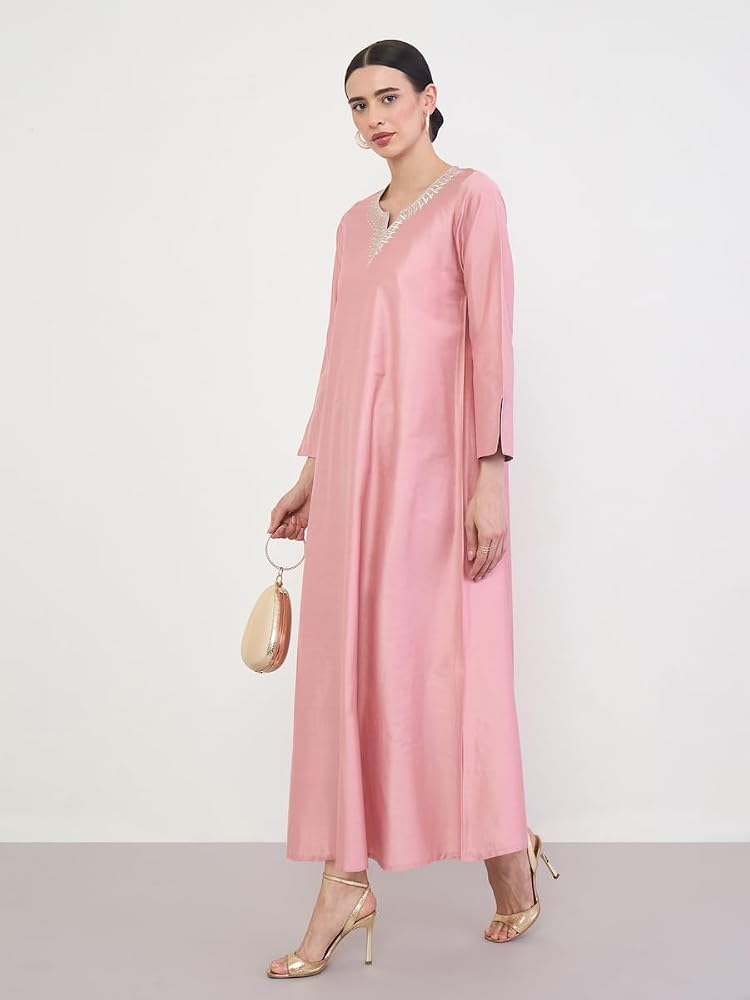 Styli Amirah Pink Jalabiya with Zari Embroidery,Pink,S - Image 2